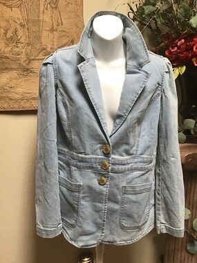 G by Giuliana Light Blue Denim Blazer with Gold Buttons